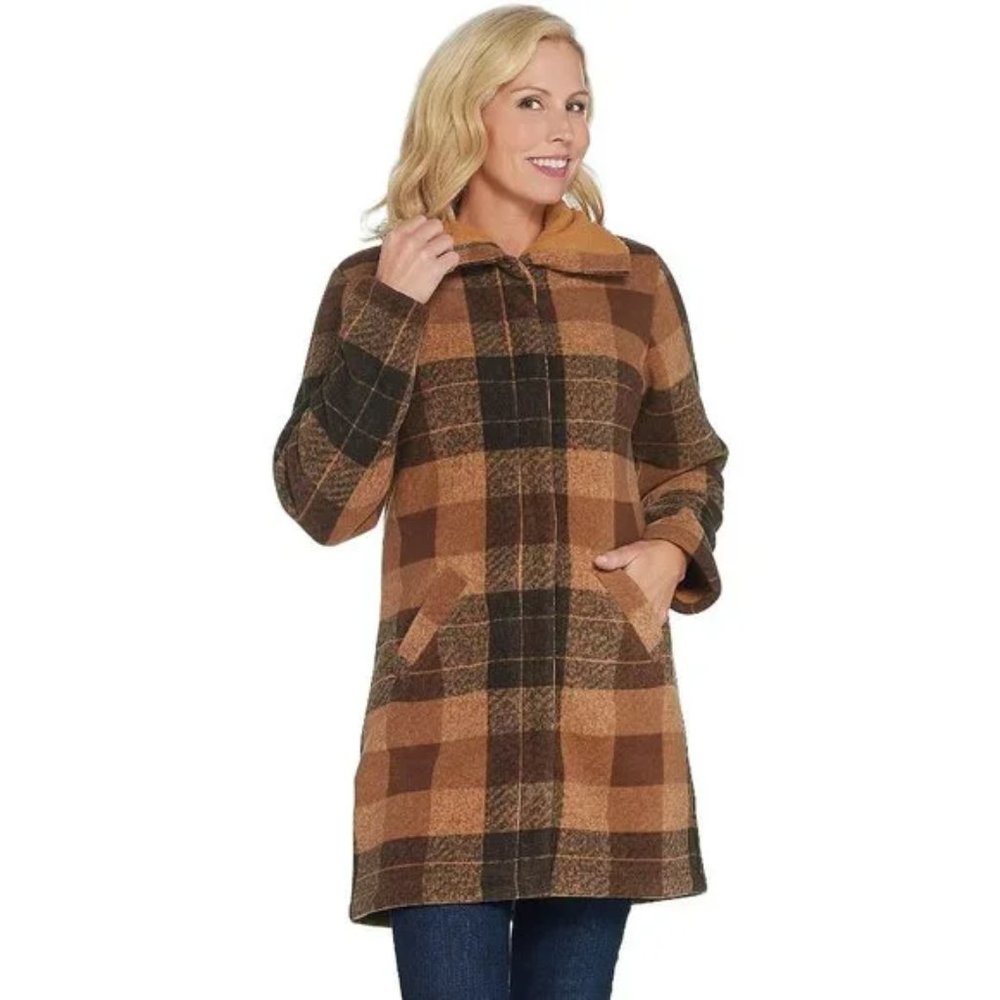 Women's Plaid Print Fleece Coat - Camel